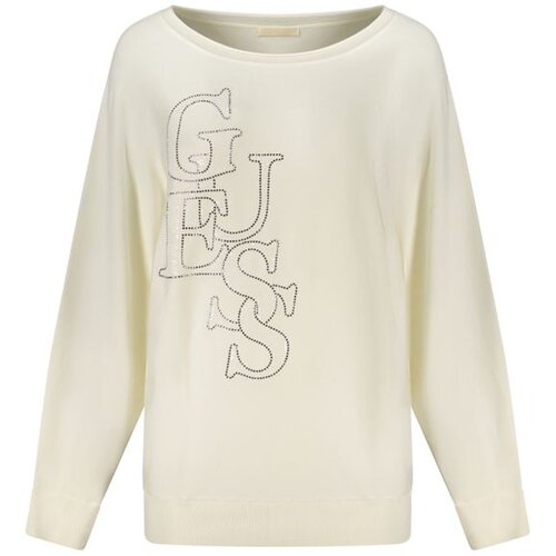 Guess Jeans ženski pulover sa &amp;scaron;irokim izrezom i cirkonima bijeli Slike