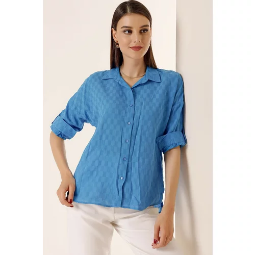 By Saygı Buttoned Front Polo Collar Shirt with Buttons and Folded Sleeves Saks