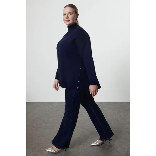 Trendyol Curve Navy Blue Button Detailed Turtleneck Knitwear Sweater