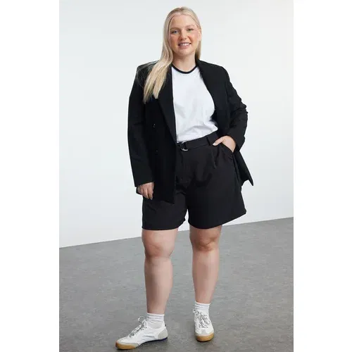 Trendyol Curve Black Belted Zippered Plus Size Woven Shorts