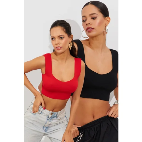 Cool & Sexy Women's Red-Black Double Knitwear Crop Singlet YV134