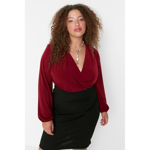 Trendyol Curve Burgundy Double Breasted Collar Balloon Sleeve Knitted Blouse Slike