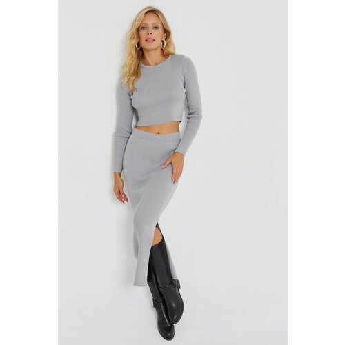 Cool & Sexy Women's Gray Silvery Knitwear Skirt Suit Cene