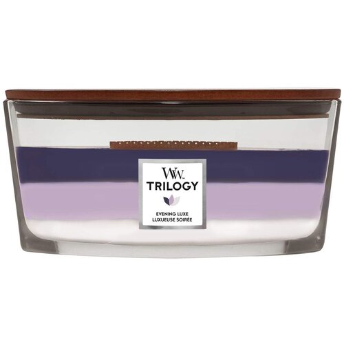 WoodWick Trilogy Evening Luxe di&amp;scaron;eča sveča z lesenim stenjem (hearthwick) 453,6 g Slike