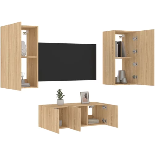  4-dijelni zidni TV elementi s LED svjetlima boja hrasta drveni