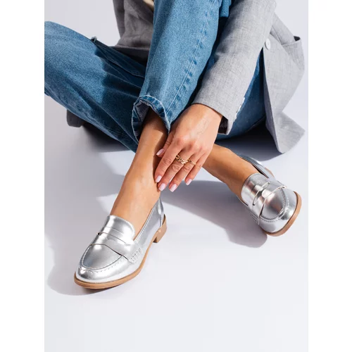 SHELOVET Women's leatherette loafers silver