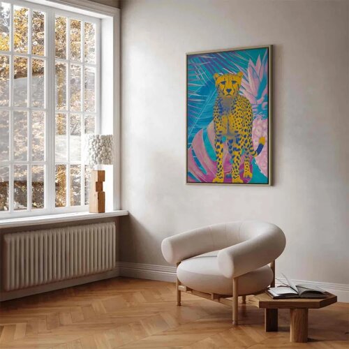  Slika - Exotic Leopard - Colorful Portrait of a Cheetah Against Tropical Leaves 80x120 U prirodnom drvenom okviru Slike