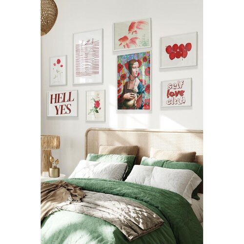 Wallxpert set od 8 uramljenih slika &Ccedil;gs-042, crveno-beli motivi &ndash; dama sa hermelinom među bulkama, crvene ribice, ruže i natpisi, beli ram Cene