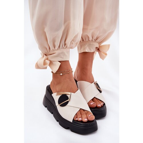ARTIKER Elegant Ladies Leather Slippers On Wedge With Decoration Beige Slike