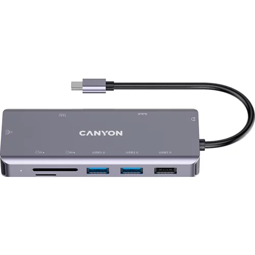 Canyon 9 in 1 USB C hub, with 1*HDMI: 4K*30Hz,1*Gigabit Ethernet,, 1*Type-C PD charging port, Max 100W PD input. 2*USB3.0,transfer speed up to 5Gbps. 1*USB 2.0, 1*SD, 1*3.5mm audio jack, cable 18cm, Aluminum alloy housing115*46*15 mm, 88.5g, Dark grey - C