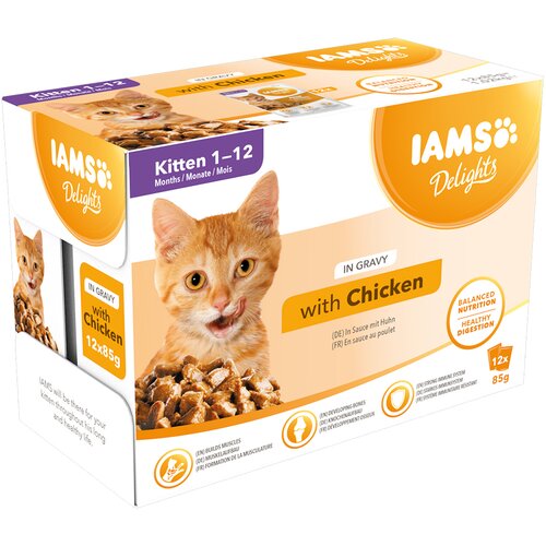  36 + 12 gratis! IAMS mokra mačja hrana 48 x 85 g - Delights Kitten pi&scaron;čanec v omaki 48 x 85 g Cijene