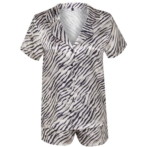 Trendyol Mink-Black Zebra Patterned Satin Shirt-Shorts Woven Pajama Set