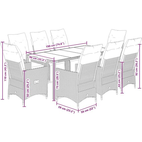  9-dijelni vrtni blagovaonski set s jastucima crni od poliratana Crna 190 x 90 x 75 cm Slike