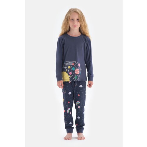 Dagi Navy Blue Crew Neck Printed Pajamas Set Slike