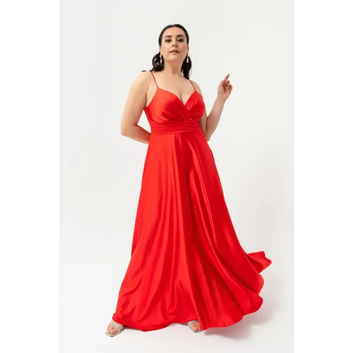 Lafaba Women's Plus Size Satin Long Evening Dress &; Prom Dresses with Straps and Red Threads