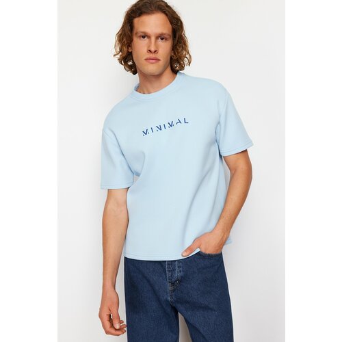 Trendyol Blue Relaxed/Casual Cut Fluffy Text Printed Short Sleeve Fully Fabric T-Shirt Cene