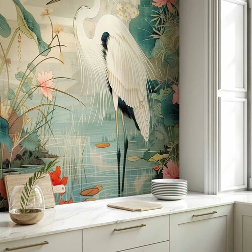  Foto tapeta - By an Asian pond - an illustration in the style of a Japanese engraving depicting a heron 150x105 Vodootporna Slike