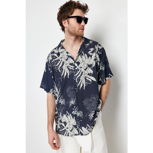 Trendyol Men's Navy Blue Oversize Fit Leaf Printed Shirt Slike