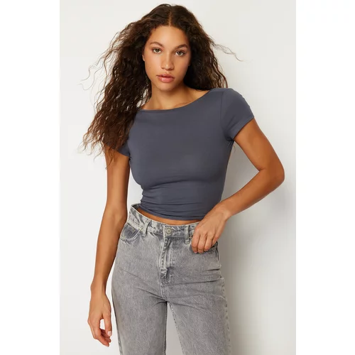 Trendyol Anthracite Decollete Crop Cotton Stretchy Knitted Blouse