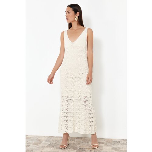 Trendyol Stone Openwork V-Neck Maxi Knitwear Dress Cene