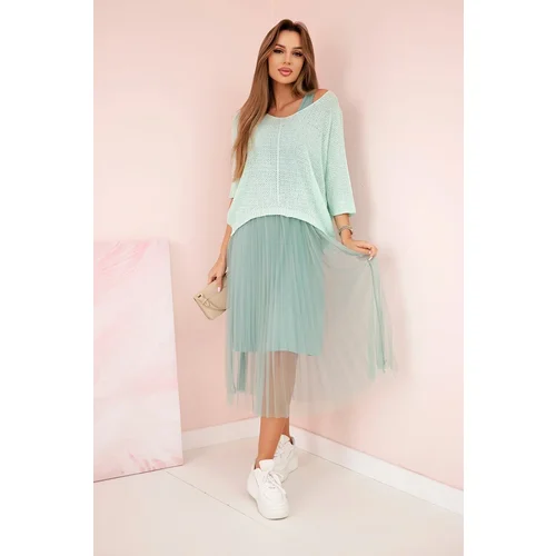 Kesi Włoski Pleated dress with an openwork sweater Mint