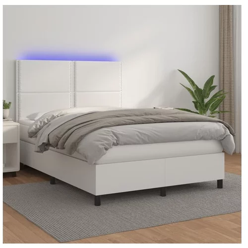  Box spring postelja z vzmetnico LED bela 140x200cm umetno usnje