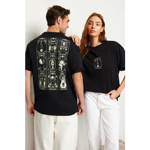 Trendyol Men's Black Oversize/Wide-Fit 100% Cotton Tarot Printed T-Shirt
