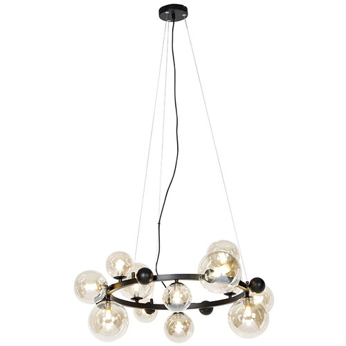 QAZQA Smart hanglamp zwart met amber glas 12-lichts incl. 12 Wifi G9 - David Cene