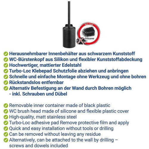 Wenko Mat crna WC četka od nehrđajućeg čelika s Turbo-loc s postavljanjem bez bu&amp;scaron;enja Porto &amp;ndash; Slike