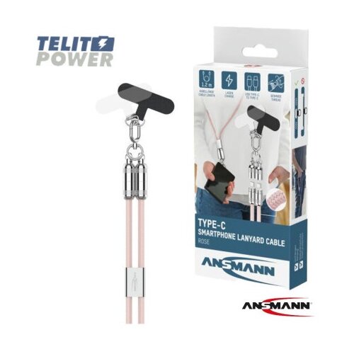 Ansmann USB-C na USB-C kabl Lanyard &amp;ndash; 120cm, 60W, roze, praktičan za no&amp;scaron;enje ( 4958 ) Slike