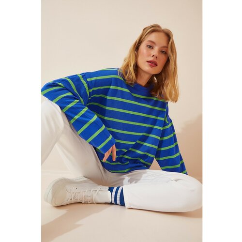 Happiness İstanbul Women's Blue Striped Oversize Knitwear Sweater Cene