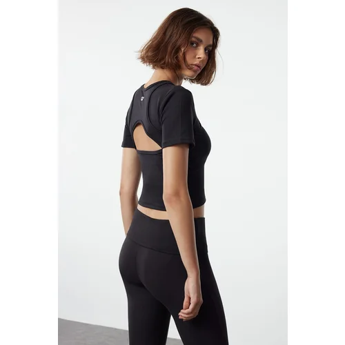 Trendyol Black Brushed Soft Reflective and Cut Out/Window Detail Crop Yoga Knitted Sports Top/Blouse