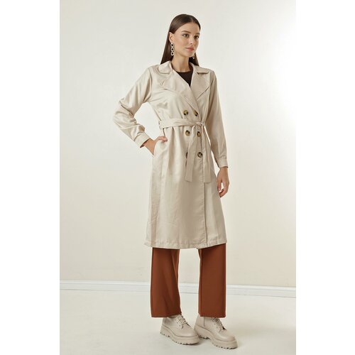 By Saygı Notched Collar Waist Belted, Pocket Soft Cotton Trench Coat. Cene