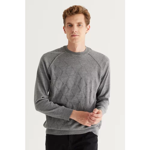 ALTINYILDIZ CLASSICS Men's Gray Standard Fit Normal Cut Crew Neck Jacquard Knitwear Sweater.