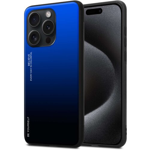 Cadorabo Ohi&amp;scaron;je je združljivo z Apple iPhone 15 PRO in modra - črna - Dvobarvni za&amp;scaron;čitni pokrov iz silikona TPU in hrbtna stran iz kaljenega stekla, (20859997) Slike
