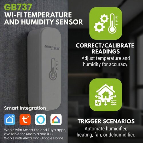 GreenBlue WiFi Temperature and Humidity Sensor, Android /iOS /Alexa /Google Home, 3.0V DC, LR03x2, GB737 Cijene
