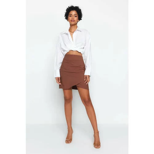 Trendyol Dark Brown Ruffle Detailed Double Breasted Mini Woven Skirt