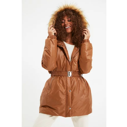 Trendyol Camel Wide Cut Oversize Arched Fur Hooded Quilted Down Jacket