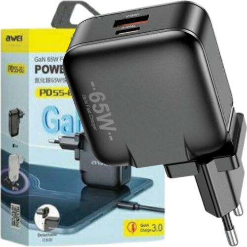 Awei STENSKI POLNILEC PD55-EU 65W USB + USB-C ZA ČRNE GAN TELEFONE, (21968152) Cene