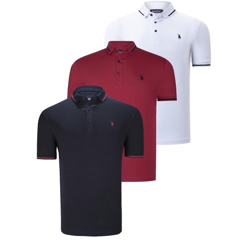 Dewberry TRIPLE SET T8586 MEN'S T-SHIRT-NAVY-WHITE-BURGUNDY Cene