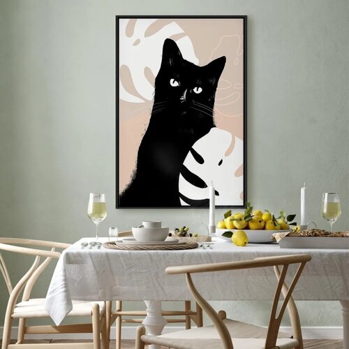  Slika - Cat in Monsteras (1 Part) Vertical 40x60 U crnom drvenom okviru Slike
