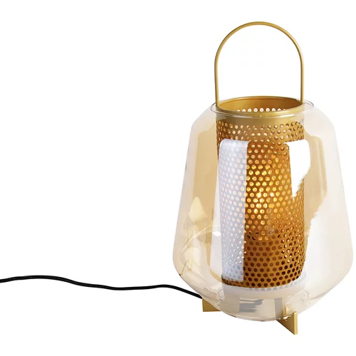 QAZQA Art Deco namizna svetilka zlata z jantarnim steklom 23 cm - Kevin