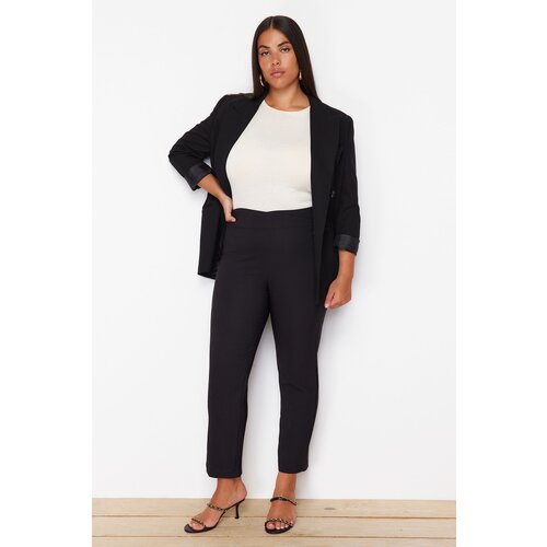 Trendyol curve black cigarette ribbed waist detailed woven plus size trousers Cene