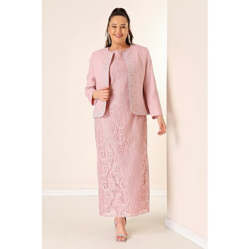 By Saygı sleeveless floral lace long dress stone detailed crepe jacket lined plus size 2-Piece suit Slike