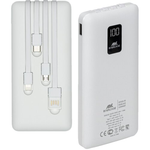 Riva Case Prenosna baterija VA2210 ("Powerbank") 10.000 mAh 10W, bel, z LCD ekranom in 4 podatkovni kabli (MicroUSB, Type-C, Lightning, Cene