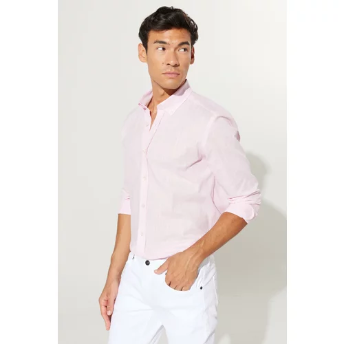 AC&Co / Altınyıldız Classics Men's Pink Tailored Slim Fit Slim-fit Oxford Buttoned Collar Linen-Looking 100% Cotton Flared Shirt.