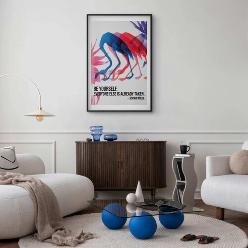  Plakat - Colorful Repetition - three flamingo silhouettes with an inspiring quote 40x60 Crni okvir s margom Slike