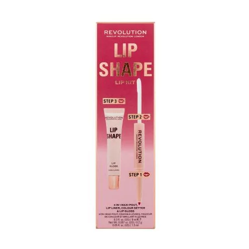 Revolution Lip Shape Odtenek rose pink Set glos za ustnice Lip Shape Lip Gloss 9 ml + črtalo za ustnice in fiksator šminke 2 In 1 Lip Liner & Colour Setter 1,7 ml