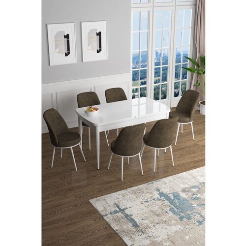 Hanah home Han - White, Brown WhiteBrown Extendable Dining Table & Chairs Set (7 Pieces) Cene