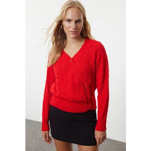 Trendyol Red Asymmetric Button Detailed Knitwear Cardigan Slike
